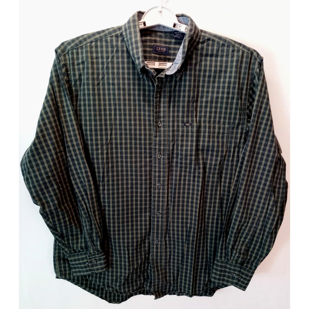 IZOD Jeans Long Sleeve Button Down Men's Shirt, Large, Blue Gray Plaid